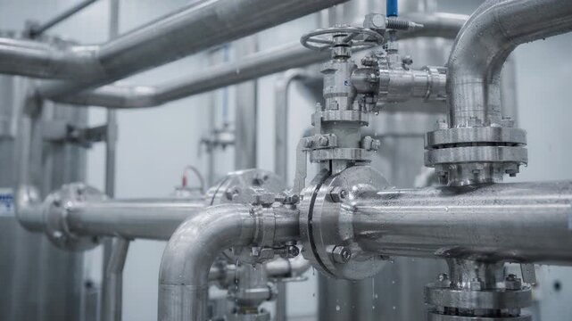 Closeup medium shot highlighting clean stainless steel piping and valves involved in the borax solution purification process