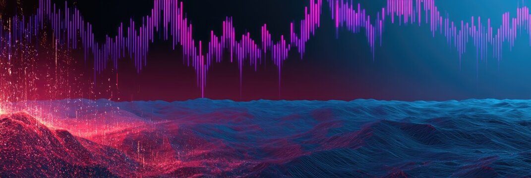 Abstract digital landscape with glowing red terrain and purple waveform