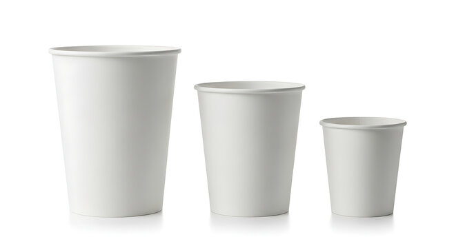 Three white disposable paper cups in different sizes with disposable container beverage isolated minimalist packaging recyclable takeaway