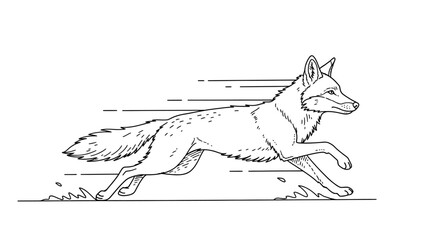 Obraz premium Fast Running Coyote Line Art Illustration with Speed Motion Lines. Wild Dog Animal in Swift Action, Black and White Graphic.