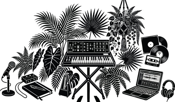 music studio setup with plants black and white