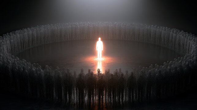 Glowing figure stands central, surrounded by an indistinct, shadowed circle of people
