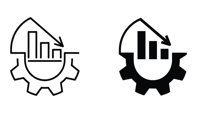 Business slowdown vector icons with downward arrow, declining bar chart, and gear symbols representing performance decrease, operational challenges, and efficiency reduction concepts