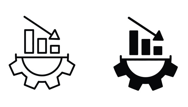 Business slowdown line icon set featuring decreasing bar chart with downward arrow on gear, performance decline symbols, productivity reduction graphics, and vector illustrations