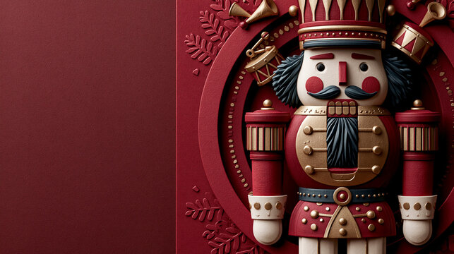 A playful paper-cut character illustration of a classic Christmas Nutcracker soldier, positioned on the right side of the frame, rich crimson red layered paper backdrop. The scene