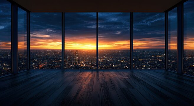 Panoramic city sunset view from a luxurious room with wooden floor