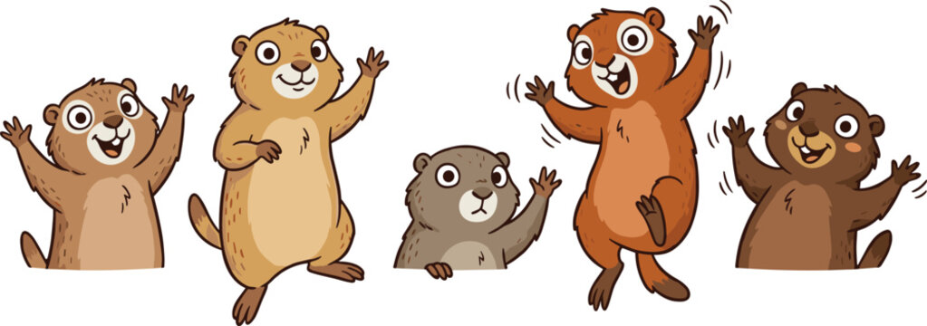 Cute Groundhog Vector Character Collection Featuring Funny Cartoon Gophers Waving and Jumping Happily for Groundhog Day Festival Celebration Graphics