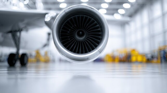 Close-up of a powerful aircraft jet engine in a brightly lit hangar