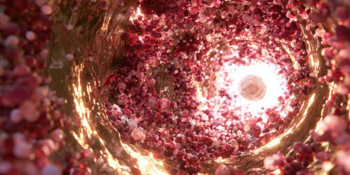 Tunnel of circulating cells and particles with central bright orb