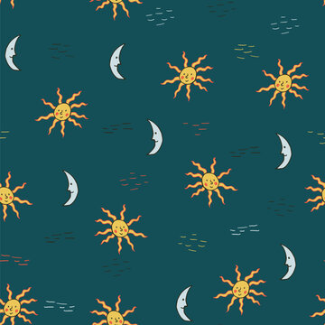 Hand Drawn Celestial Seamless Pattern with Smiling Suns and Crescent Moons