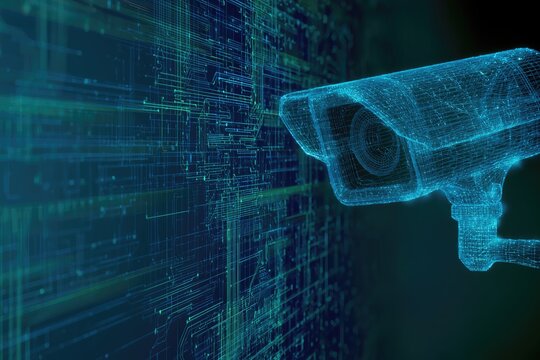 Digital surveillance camera wireframe overlayed on abstract data streams