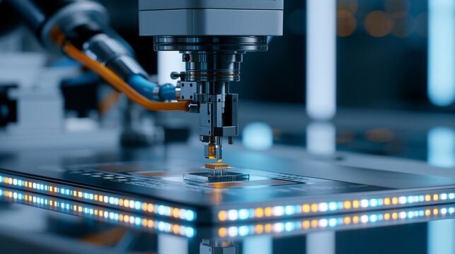 Medium shot of a robotic arm precisely testing an angular velocity sensor on a tiny MEMS module inside a sleek qualitycontrol station with glowing LED strips under cool blue