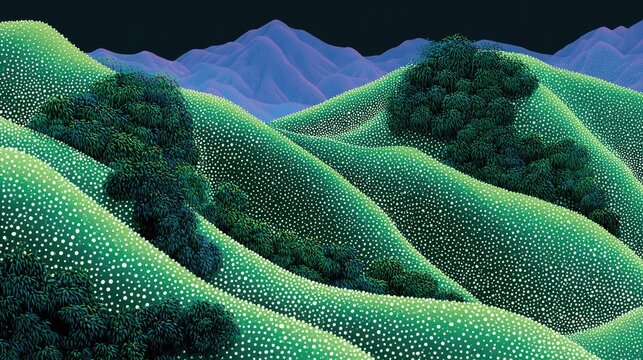 Textured rolling hills under a twilight sky, dotted with clusters of dark trees
