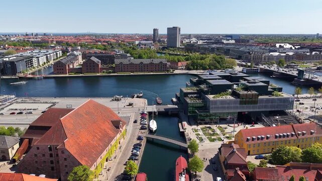 Flight towards Christianshavn neighbourhood in Copenhagen, Denmark