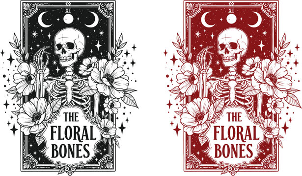 Funny skeleton halloween tarot card illustration floral bones design in black and red versions
