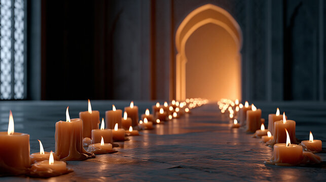 A narrow path of candles leading toward a bright golden archway in a dark interior, symbolic of leaving self-doubt behind and choosing confidence, feminine spiritual mood, no peopl