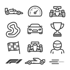 Obraz premium F1 car vector icons with speedway trophies, checkered flags, and driver logos, perfect for racing event promotions and sportsthemed design projects.