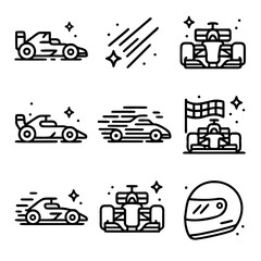 Obraz premium F1 car racing with speeding vehicles at the checkered finish line. Suitable for sports events, race promotions, and automotive content.