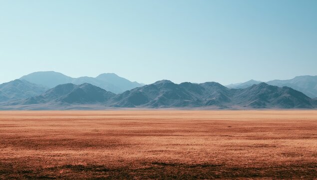 Vast, arid landscape with rolling brown grasses and distant, hazy blue mountains under a clear sky