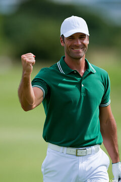 Stock photo of a young professional golfer celebrating after a perfect shot, fist pump gesture, lush green golf course background, bright sunny day, wide fairway, athletic achievem