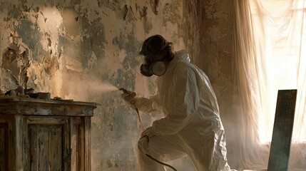 Fototapeta premium Person in hazmat suit sprays old furniture in dilapidated room