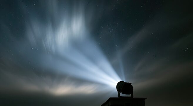 Beam of light pierces stormy, star-dusted night sky