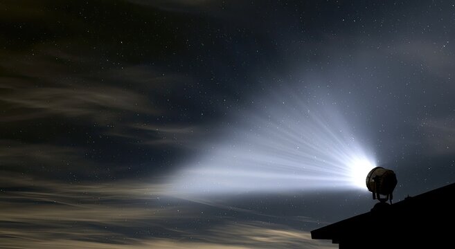 Spotlight pierces the night sky from atop a dark silhouette, casting a bright beam