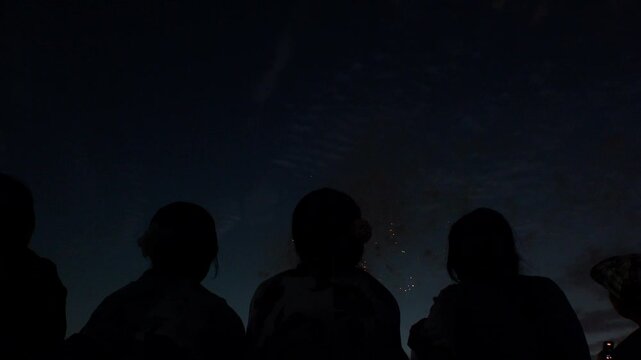 TOKYO, JAPAN - MAY 2026 : View of fireworks and back shot of people. Japanese summer season and festival concept video.