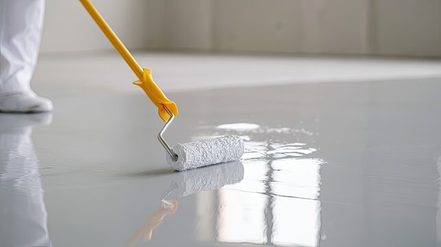 Worker applies glossy white coating to concrete floor with roller