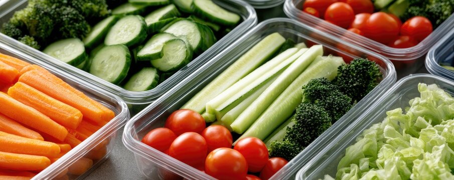 Several clear containers filled with fresh cut vegetables