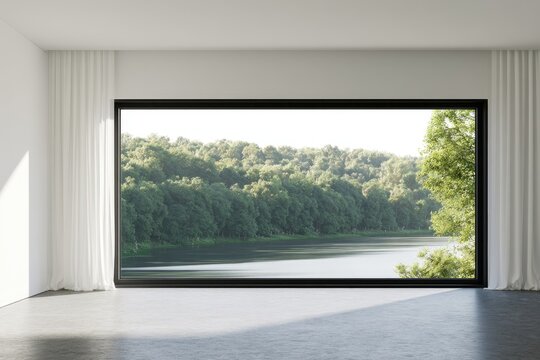 Minimalist room with vast window framing lush forest and serene water