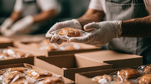 Hands in gloves carefully packing baked goods into individual plastic and cardboard boxes