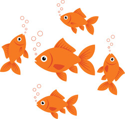 Fototapeta premium Cute Orange Goldfish Vector Illustration Set Featuring Swimming Cartoon Aquarium Fish with Water Bubbles for Kids Ocean Theme Designs