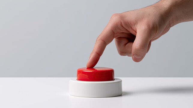 Finger poised to press a large red button