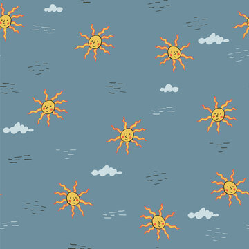 Hand Drawn Celestial Seamless Pattern with Smiling Suns 