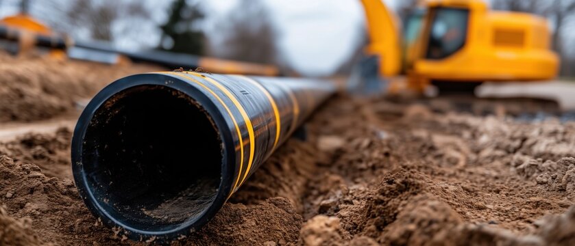 Underground heating pipeline installation in a construction trench with excavator in the background. Infrastructure development, utility engineering, district heating network, and energy distribution 
