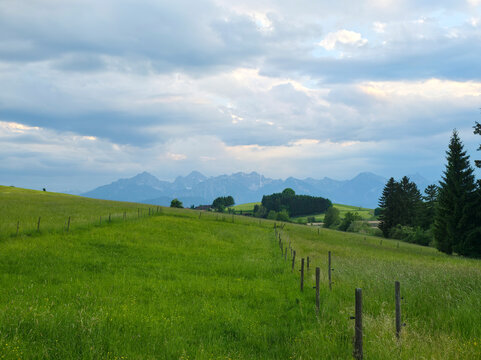 germany, picturesque fence crossing endless meadows with rolling hills trees and alpine mountain backdrop