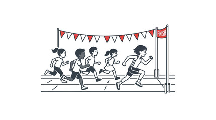 Fototapeta premium A group of diverse children running a race towards the finish line.