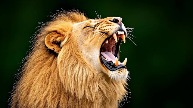 A regal lion roars, showcasing sharp teeth and a pink tongue against dark green. Its golden mane is a spectacle
