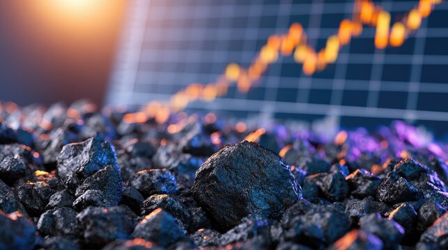 Macro view of black coal chunks with a blurred financial chart in background