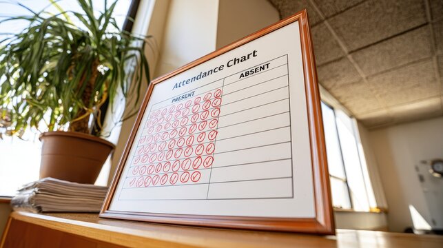 Framed attendance chart with many "present" marks and few "absent" slots
