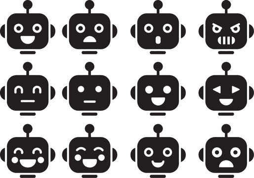 Emotion, robot face icon set featuring confused, neutral, smiling, angry, excited, and sad expressions in clean minimalist vector style ideal for chatbot UI, AI interfaces, and digital communication 