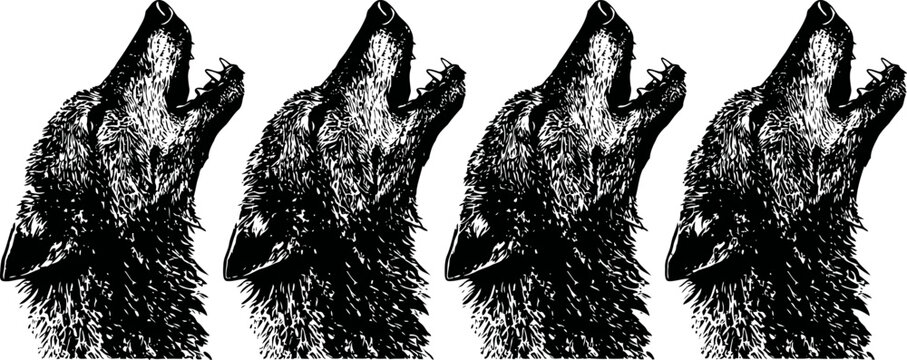 Howling wolf silhouette repeated four times in black and white artistic pattern