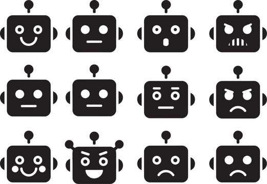 Emotion, vector icon collection with robotic facial expressions including happy, confused, angry, sad, and excited moods suitable for artificial intelligence apps, messaging systems, and emoji graphic