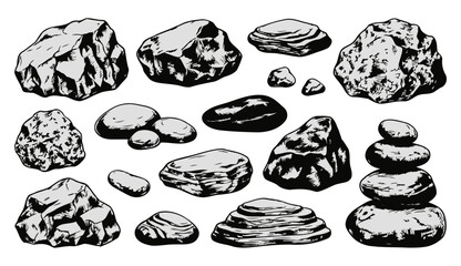 Collection of different types of stones and rocks, including river pebbles, jagged boulders, and a balanced rock stack, hand-drawn vector illustration. © Hand Made