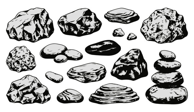 Collection of different types of stones and rocks, including river pebbles, jagged boulders, and a balanced rock stack, hand-drawn vector illustration.