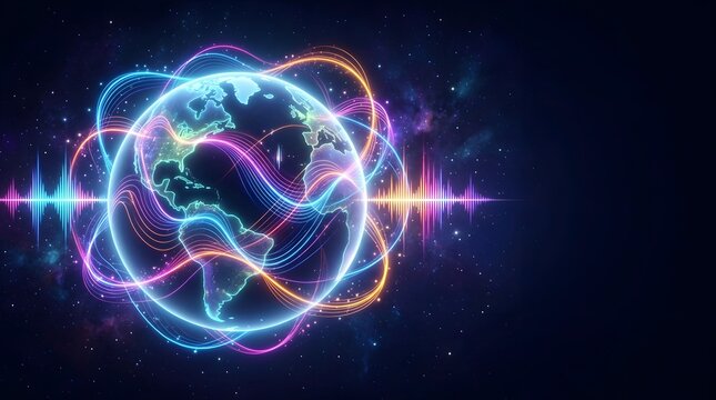 Abstract planet earth globe connected by vibrant neon soundwaves and light trails in dark cosmic space