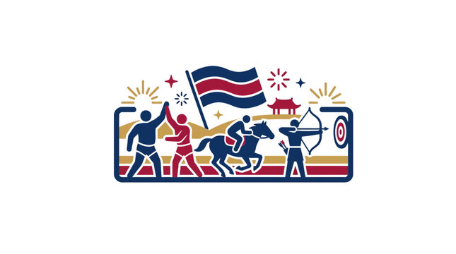 Illustration of traditional Korean sports featuring wrestling horse riding and archery with national flag.