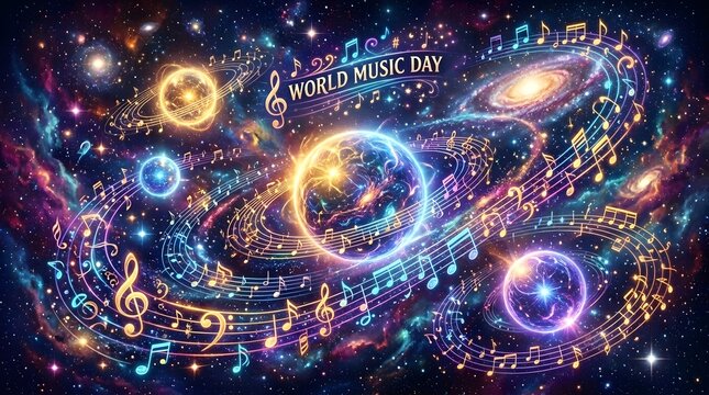World Music Day celebration banner with abstract planets, galaxies, and glowing musical notes swirling in outer space