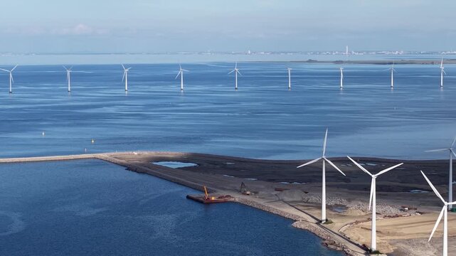 Aerial view of Middelgrunden offshore wind farm near Copenhagen, Denmark